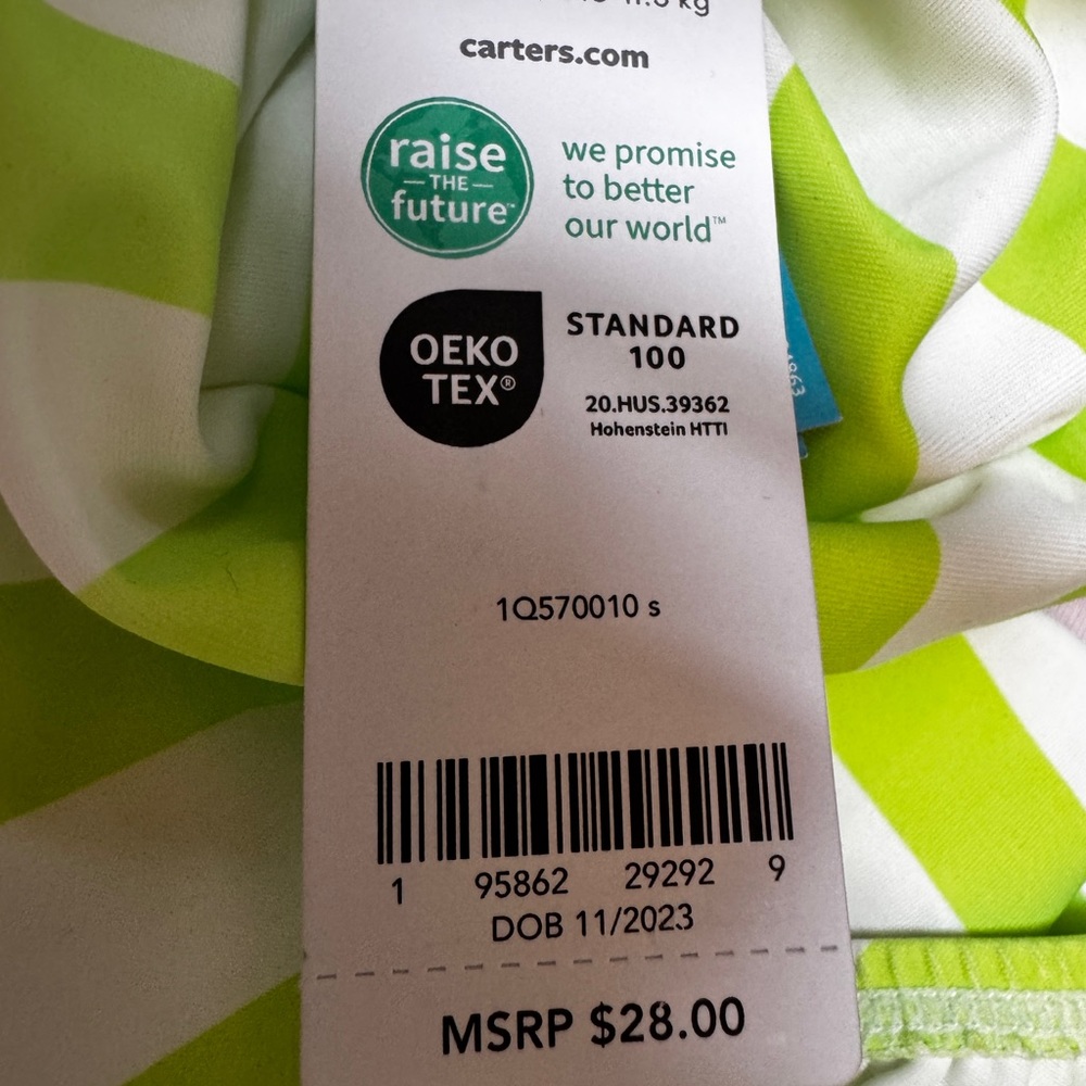 NWT NEW Carter's Green White Striped Swimsuit Bathing suit SZ 9 Mon UPF 50 NEW - Picture 8 of 9